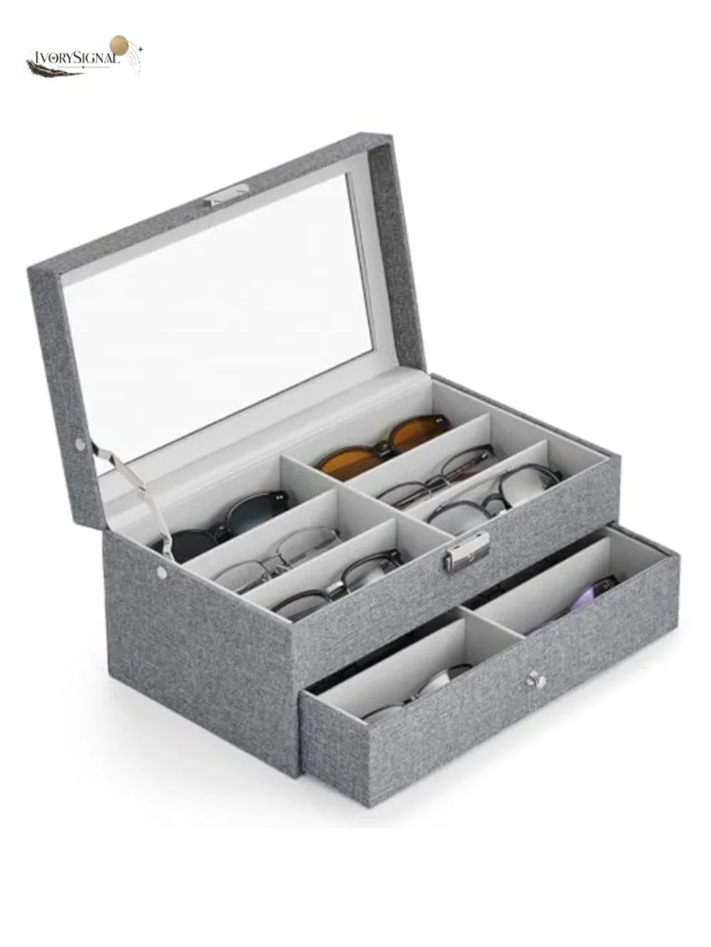 Linen Sunglasses Organizer Case with 12 Slots, Lockable Glass Lid, Jewelry